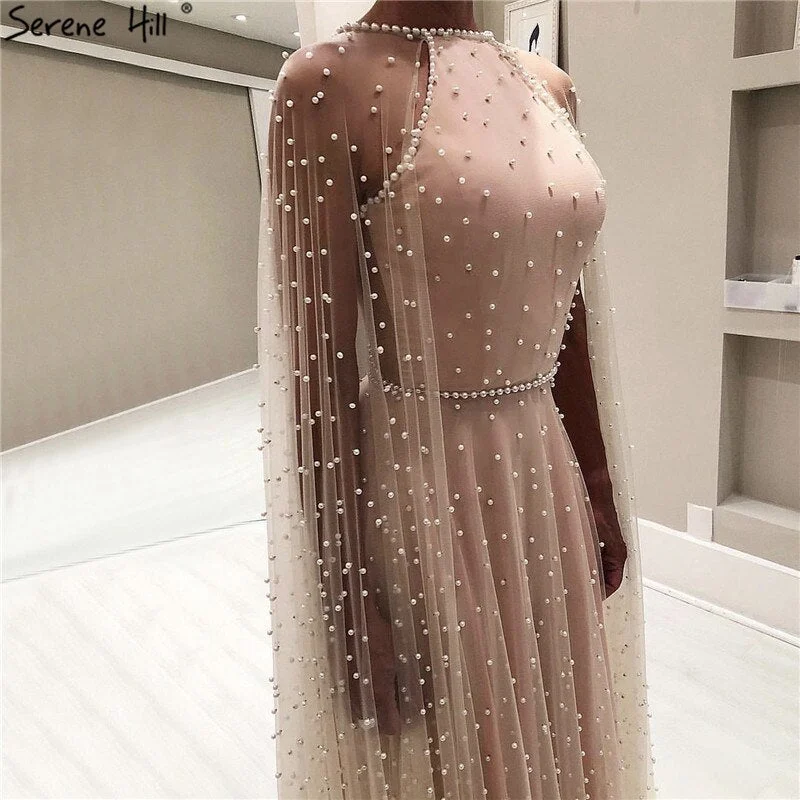 Evening dress with embroidery-On Sale no return no refundSale Latest Design Pink Backless Sexy Evening Dresses 2024 Pearls Sleeveless shawl Evening Gowns Serene Hill LA60917