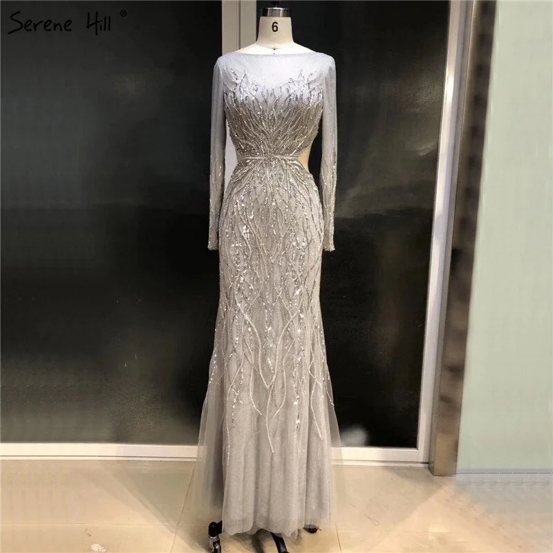 Evening dress with high neckline-On Sale no return no refundSale Luxury Grey Long Sleeves Evening Dresses 2024 O-Neck Sequins Sparkle Mermaid Formal Dress Serene Hill  LA6418