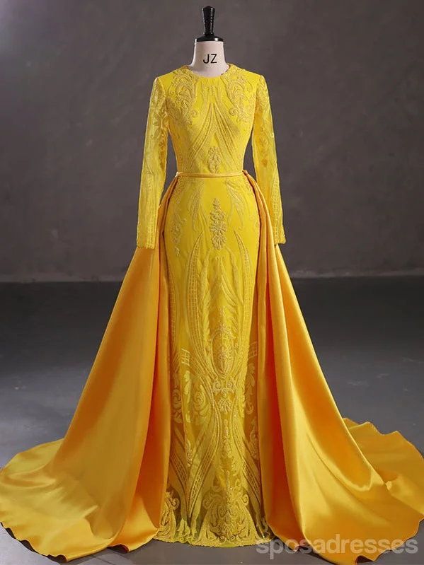 Evening dress with pleated skirt-Modest Yellow Mermaid Long Sleeves Jewel Prom Dresses Online,13060