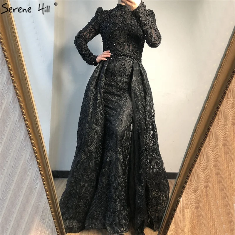 Evening dress with keyhole back-On Sale no return no refundSale Muslim Black Crystal Long Sleeves Evening Dresses 2024 Mermaid Luxury High-end Evening Gowns Plus Size LA70419