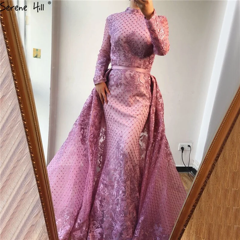 Evening dress with lace applique-On Sale no return no refundSale Muslim Pink High Collar Evening Dresses 2024 Handmade Flowers Long Sleeves Mermaid Evening Gowns Serene Hill LA6542