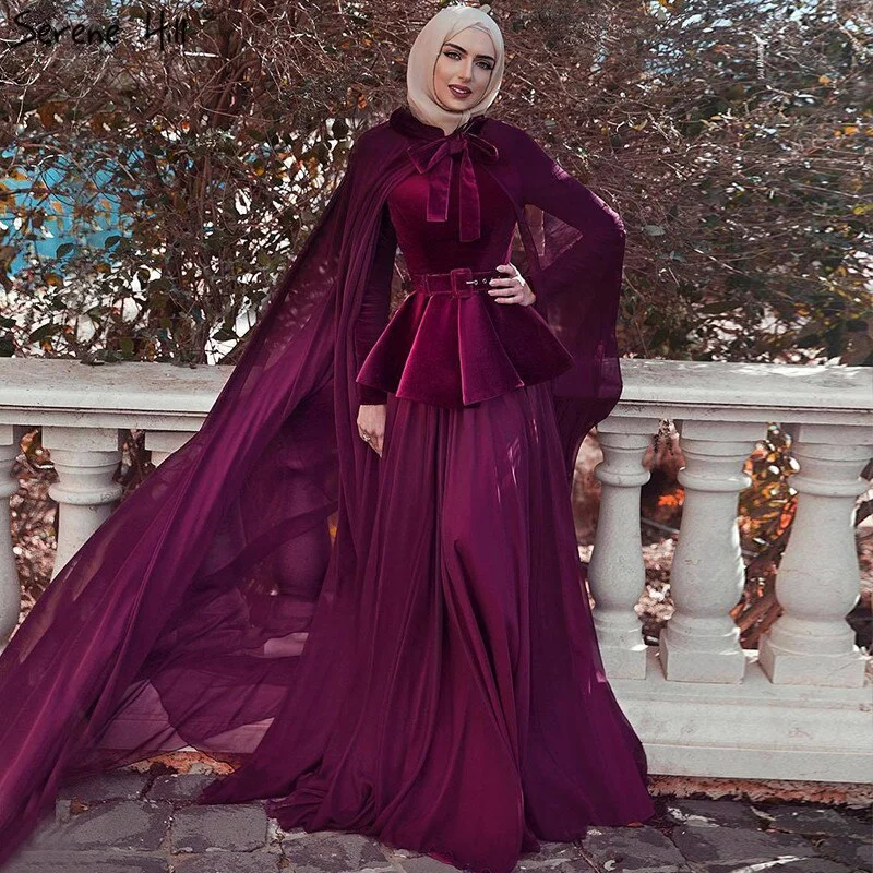 Evening dress with metallic finish-On Sale no return no refundSale Muslim Wine Red Long Sleeves Evening Dresses 2024 Long Shawl Sashs A-Line Simple Fromal Dresses Serene Hill LA70278