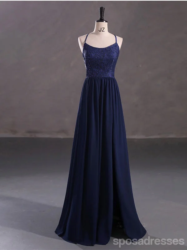 Evening dress with sheer panels-Navy Blue A-line Spaghetti Straps Cheap Long Prom Dresses Online,13055