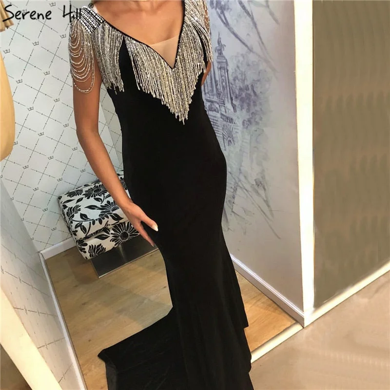 Evening dress with off-shoulder-On Sale no return no refundSale Navy Blue Beading Tassel Velour Evening Dresses 2024 Dubai Deep-V Sleeveless Sexy Evening Gowns Serene Hill LA6351