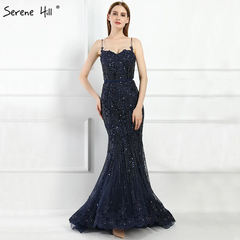 Evening dress with peplum-On Sale no return no refundSale Navy Blue Luxury Mermaid Lace Elegant Evening Dresses Spaghetti Strap Beaded 2024 For Women Party LA6105