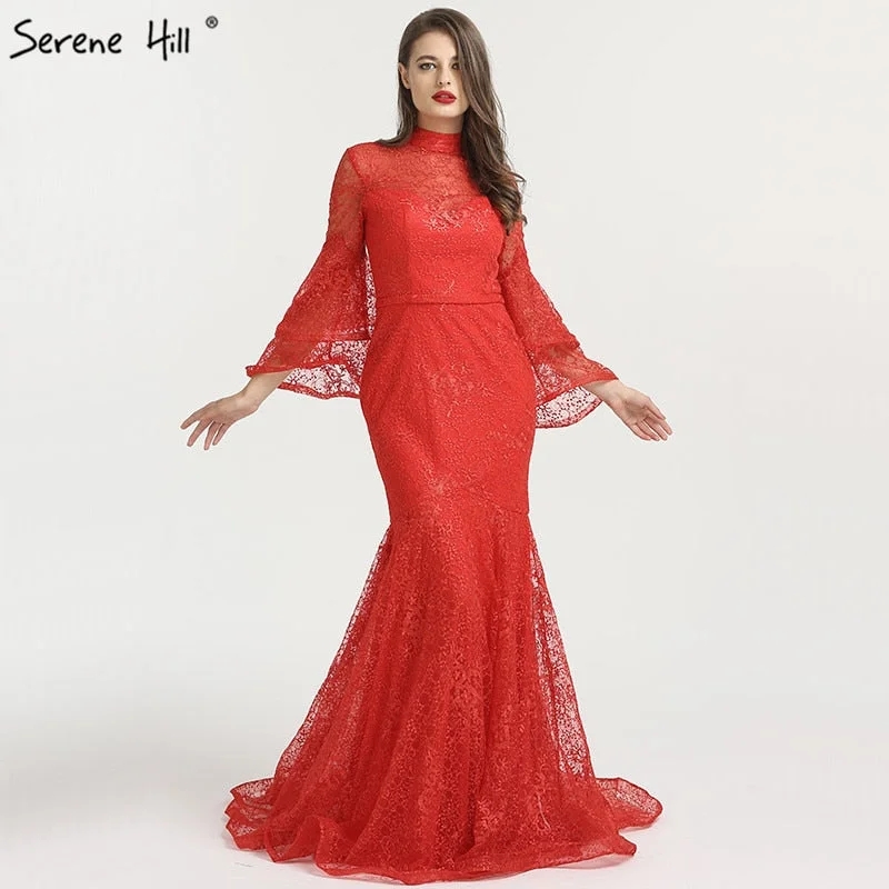 Gold evening dress-On Sale no return no refundSale  Mermaid High Collar Fashion Evening Dresses 2024 Long Sleeves Lace Sexy Formal Evening Gowns Serene Hill LA6555