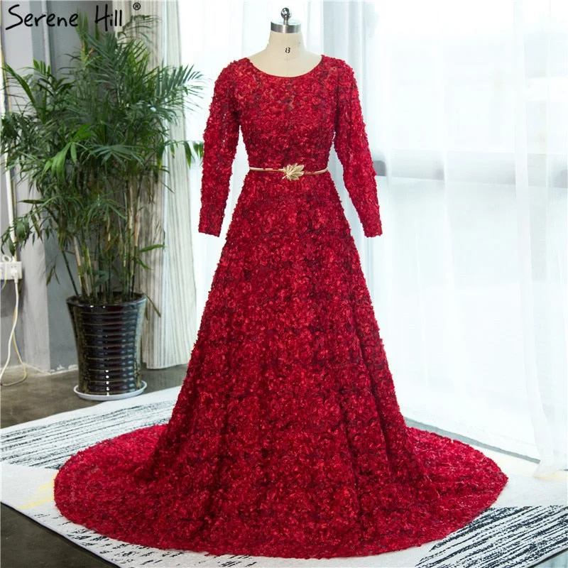 Evening dress with sheer panels-On Sale no return no refundSale New Style Wine Red O-Neck Tulle Evening Dress Long Sleeve Small Flowers Fashion Evening Gowns 2024 Vestido De Festa HA2140