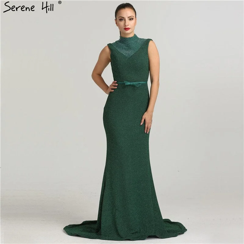 Evening dress with slit-On Sale no return no refundSale Newest Designer Green Glitter Evening Dresses Fashion High Collar Sleeveless Mermaid Evening Gowns 2024 New LA6433