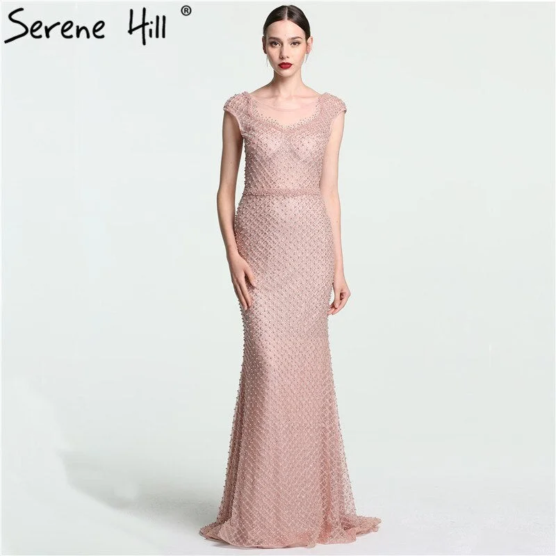 Evening dress with strapless design-On Sale no return no refundSale Newest Fashion Elegant Mermaid Evening Dresses  Pink Manual Beading Pearls Tulle Evening Gown 2024 Real Photo LA6113