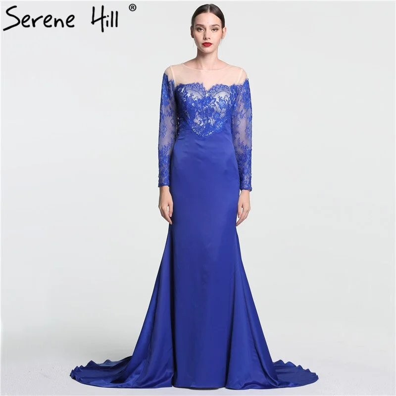 Evening dress with tiered layers-On Sale no return no refundSale Newest Lace Flowers Sexy Mermaid Evening Gown Long Sleeve Simple Fashion Evening Dress Long 2018 Serene Hill LA6146