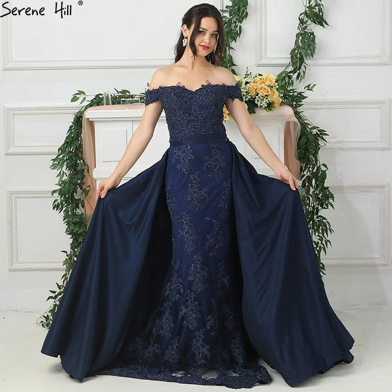 Ivory evening dress-On Sale no return no refundSale Off Shoulder Navy Lace  Evening Dresses Beading Sleeveless Evening Gown LA6565