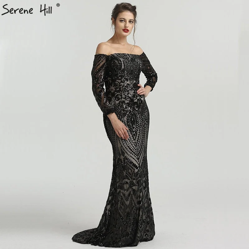 Long evening dress-On Sale no return no refundSale Off Shoulder Sequined Evening Gowns Evening Dress LA6476