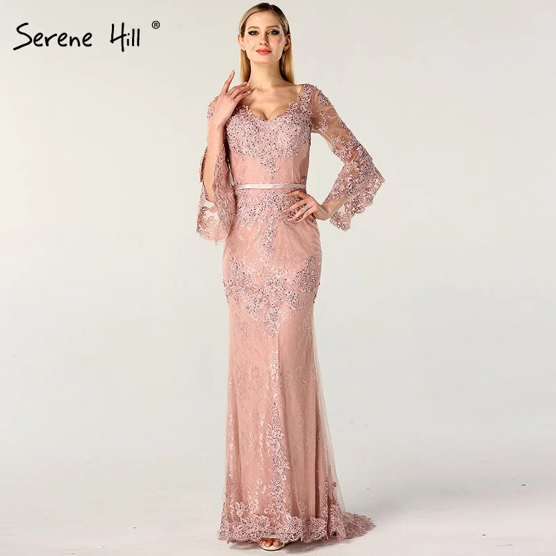 Pink evening dress-On Sale no return no refundSale Pink Lace Diamond Long Sleeves Evening Gowns Long V-Neck Sexy Evening Dress For Women 2024 Serene Hill LA60710