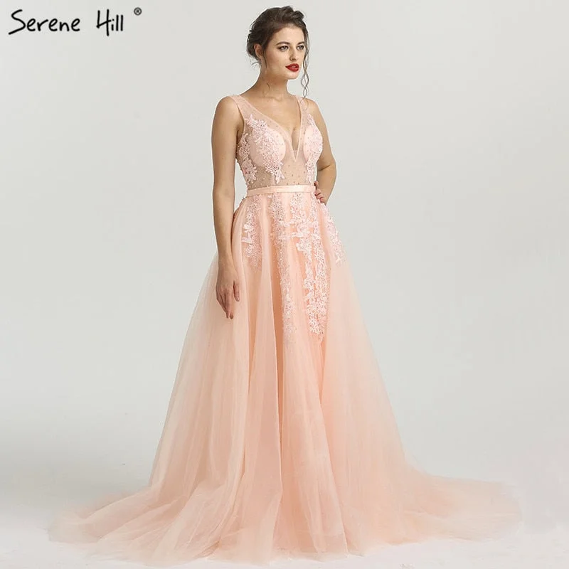 Bohemian evening dress-On Sale no return no refundSale Pink Perspective Deep-V Backless Appliques Pearl Sleeveless Photography Evening Gowns HA2160