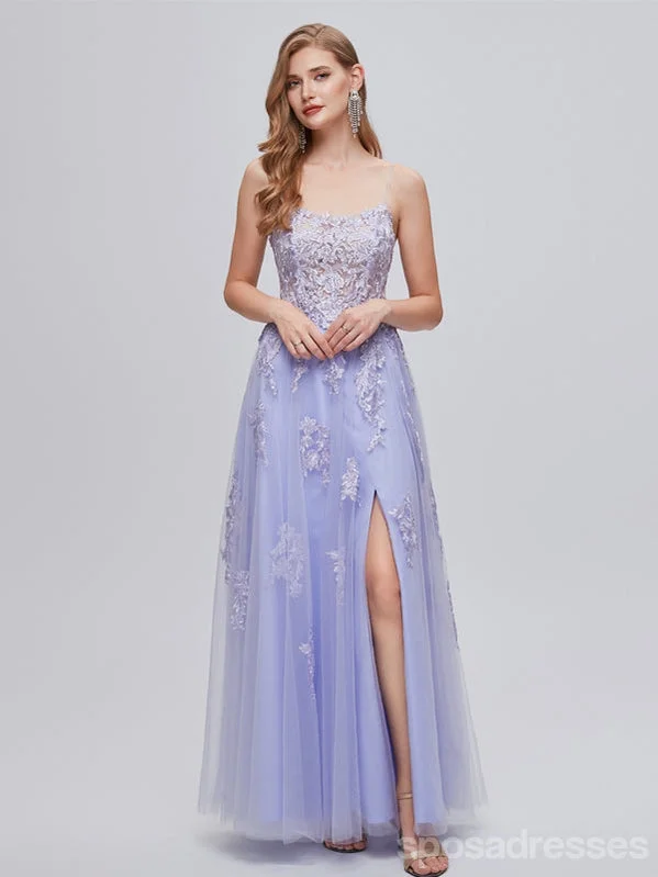 Evening dress with floral print-Purple A-line Spaghetti Straps Side Slit Cheap Long Prom Dresses,12987