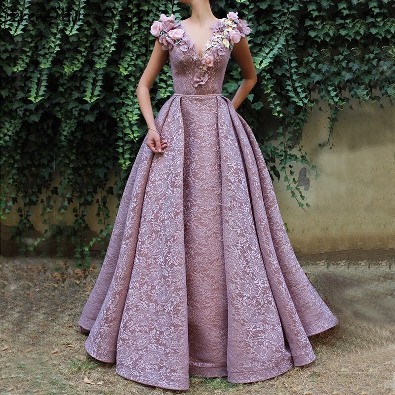 Evening dress for weddings-On Sale no return no refundSale Purple V-Neck Handmade Flowers Lace Evening Dresses 2024 Sleeveless Mermaid Sexy Evening Gowns Serene Hill LA60764