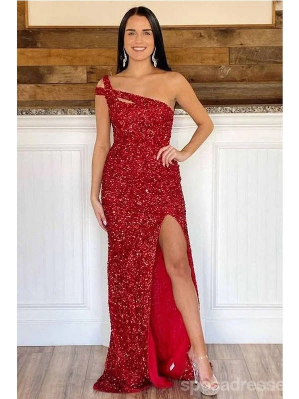 Gold evening dress-Red Mermaid One Shoulder High Slit Cheap Long Prom Dresses Online,12958