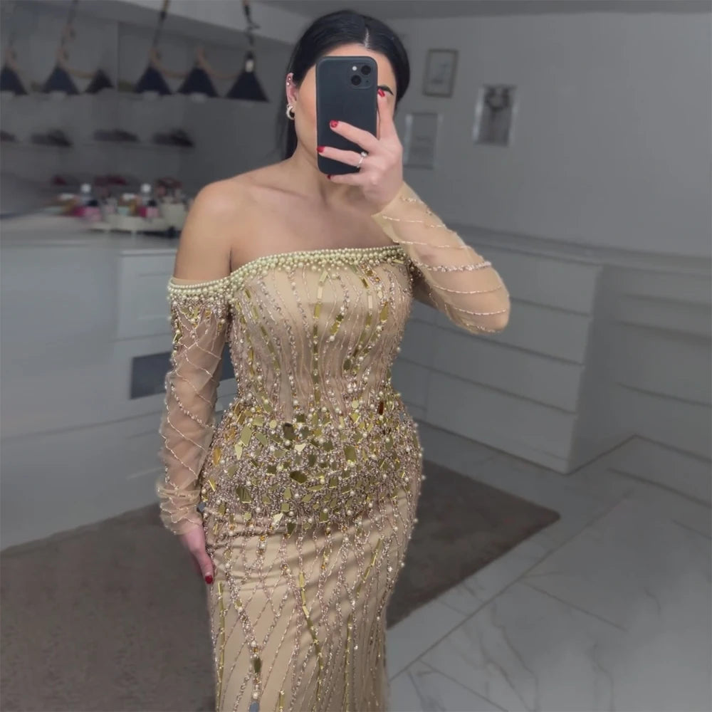 Evening dress with cape-Serene Hill 2024 Arabia Gold Mermaid Luxury Beaded Off Shoulder Dubai Evening Dresses Gowns for Women Wedding Party LA72404