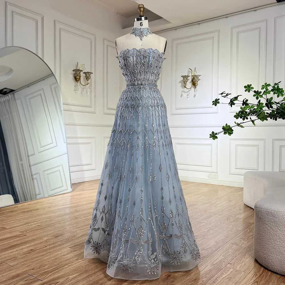 Evening dress with glitter-Serene Hill 2024 Arabic A-Line Elegant Strapless Blue Saudi Evening Gown Luxury Beaded Dress for Formal Occasion LA72717