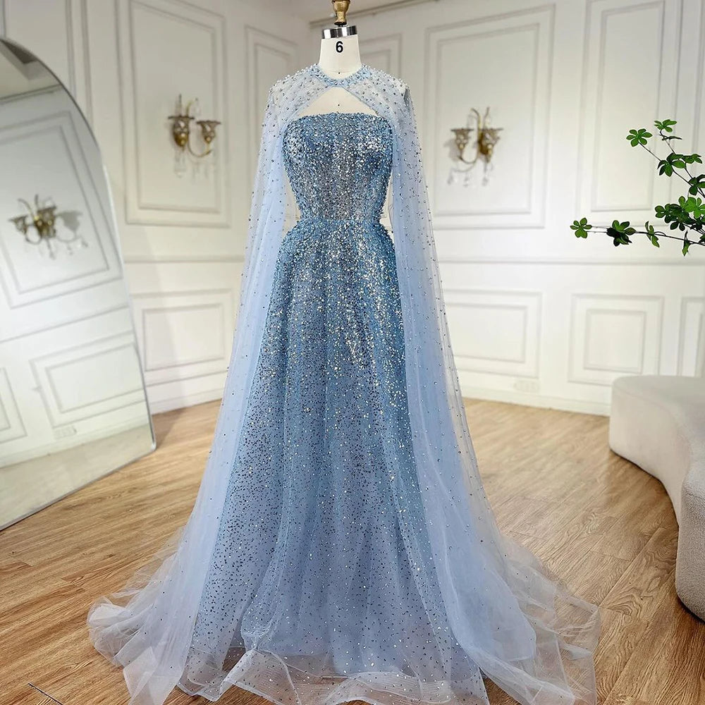 Evening dress with mermaid style-Serene Hill 2024 Arabic Blue Luxury Dubai Evening Gown A-Line Elegant Cape Sleeves Beaded Dress for Women's Party LA72659 Plush Size