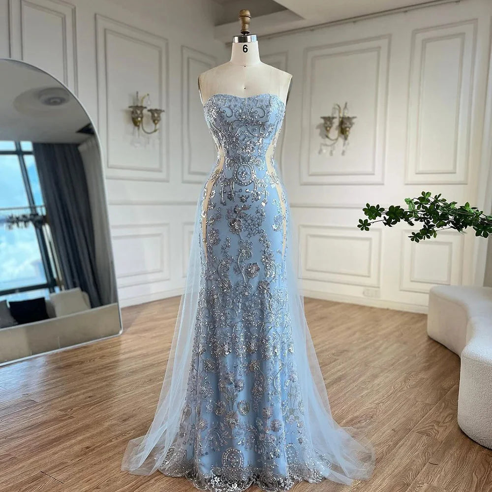 Champagne evening dress-Serene Hill 2024 Arabic Blue Strapless Mermaid Luxury Evening Gown with Tulle Overskirt Beaded Dress for Women's Party LA72639