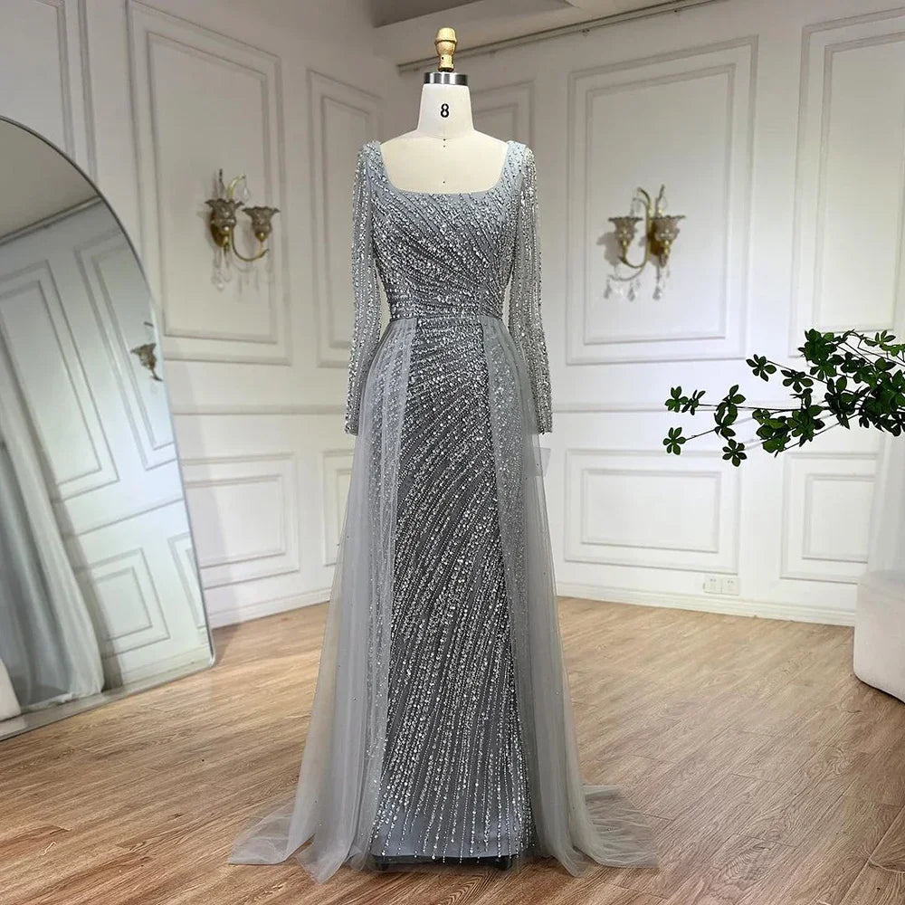 Formal evening dress-Serene Hill 2024 Arabic Dubai Silver Gray Mermaid Detachable Skirt Beaded Luxury Evening Dresses Gowns for Women Party LA71618L