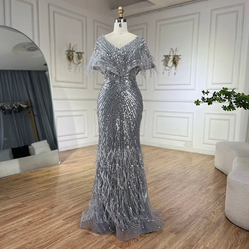 Evening dress with ruching-Serene Hill 2024 Arabic Elegant Gray Mermaid Luxury Dubai Evening Gown with Feathers Beaded Dress for Women's Party LA71323A