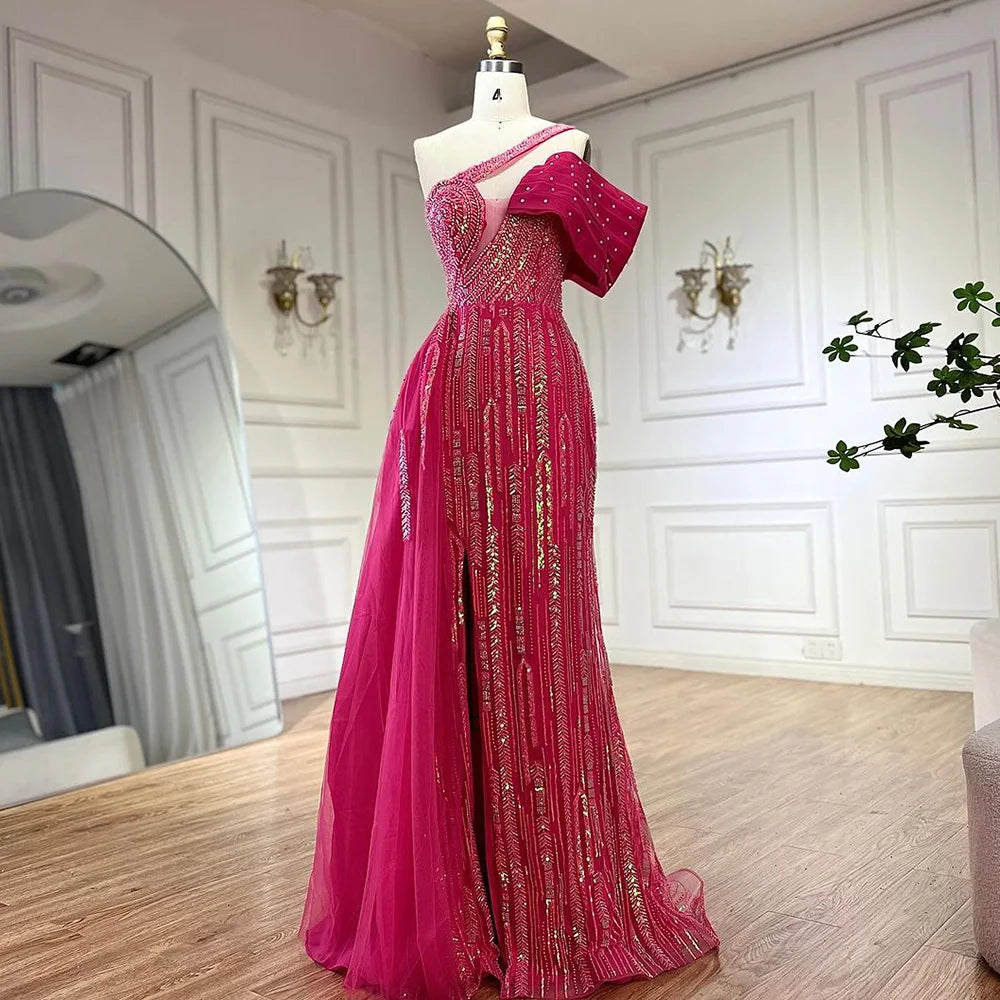 Evening dress with asymmetrical hem-Serene Hill 2024 Arabic Fuchsia One Shoulder Blue Beaded Luxury Dubai Evening Gowns with Side Skirt for Women's Party LA72664