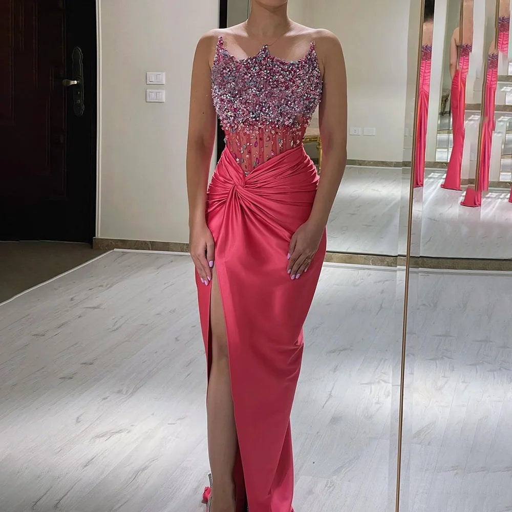 Evening dress with illusion skirt-Serene Hill 2024 Arabic Fuchsia Strapless Side Split Beaded Mermaid Luxury Dubai Evening Gown for Women's Party LA72671