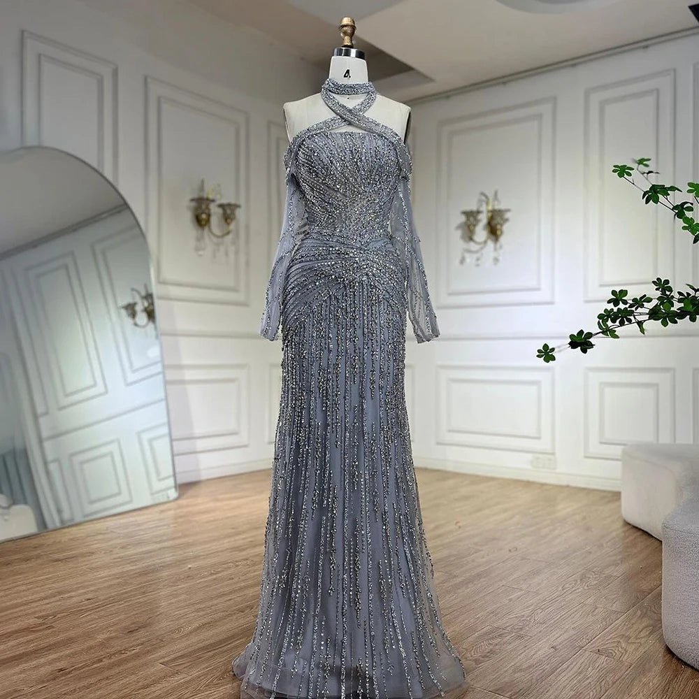 Evening dress with sheer sleeves-Serene Hill 2024 Arabic Gray Decorative Halter Mermaid Luxury Dubai Evening Gown Beaded Dress for Women's Party LA72651