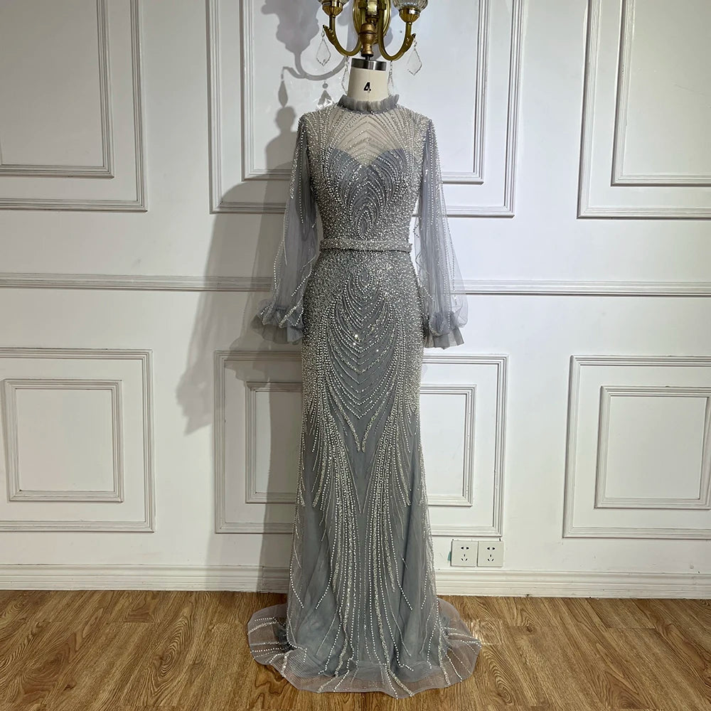 Evening dress with beaded bodice-Serene Hill 2024 Arabic Gray High Neck Mermaid Evening Gowns with Long Sleeves and Beading for Women Party LA71690A