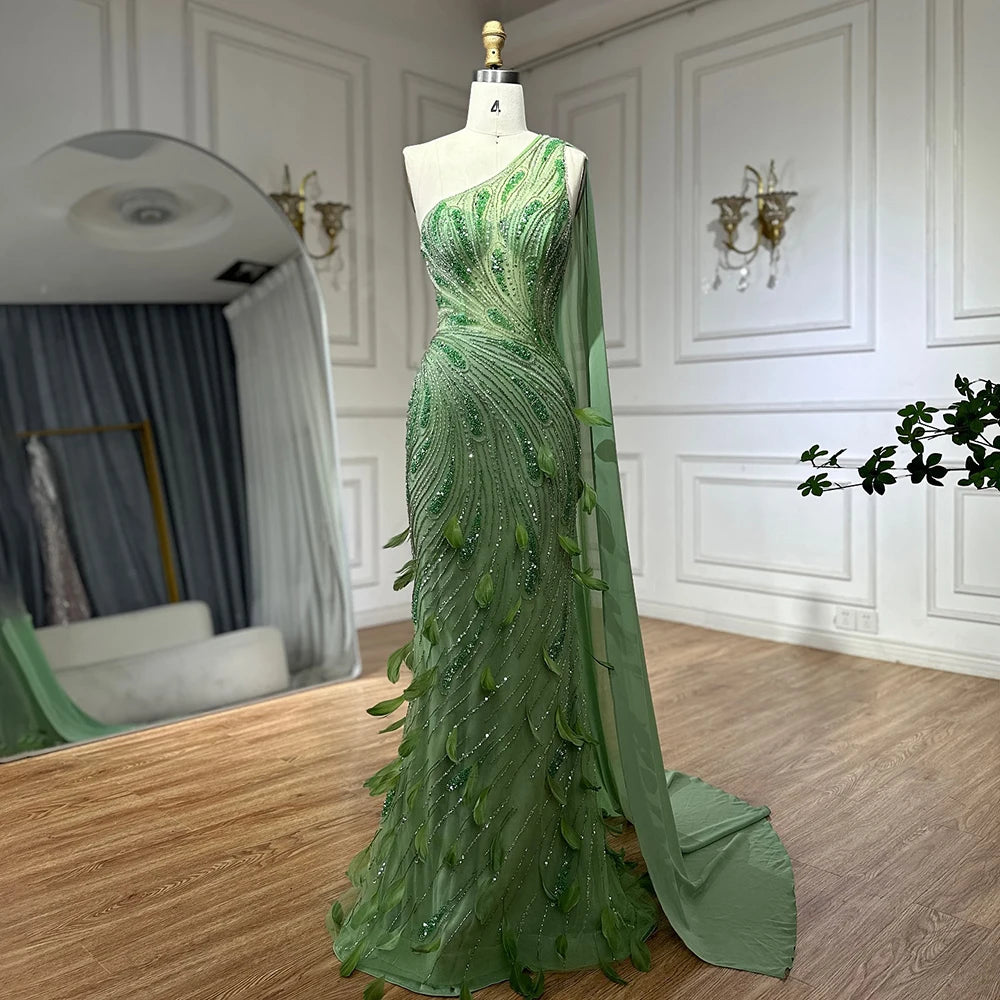 Ivory evening dress-Serene Hill 2024 Arabic Green One Shoulder Beaded Feathers Luxury Evening Gowns with Side Cape Shawl for Women's Party LA72698