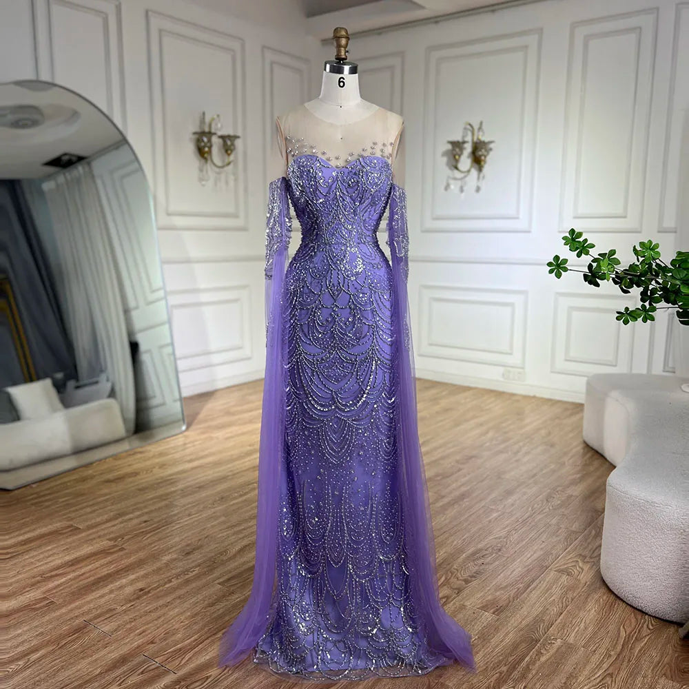 Evening dress with spaghetti straps-Serene Hill 2024 Arabic Lilac Cape Sleeves Mermaid Luxury Dubai Evening Gown Beaded Dress for Women's Party LA72616