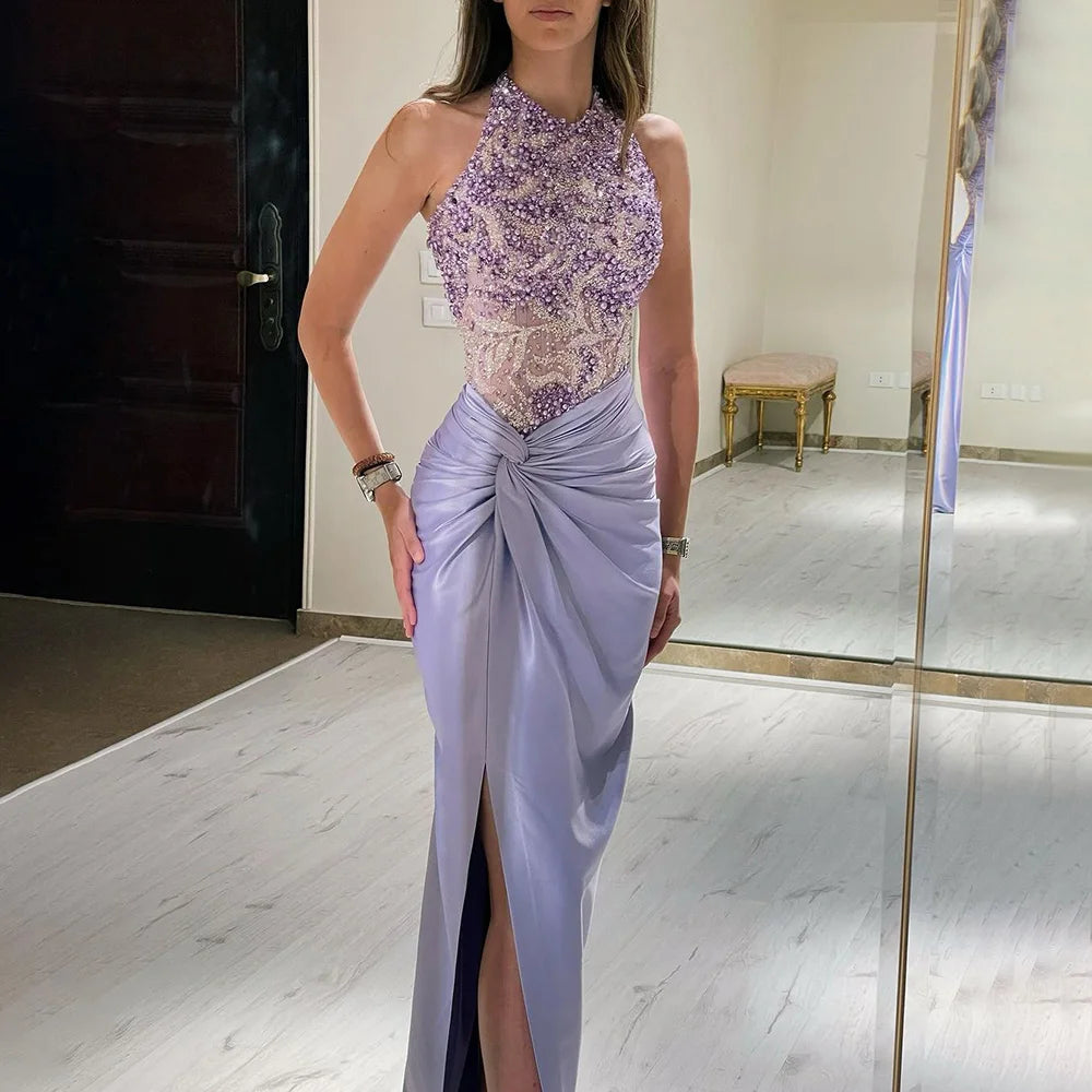 Evening dress with modern design-Serene Hill 2024 Arabic Lilac Halter Neck Side Split Mermaid Luxury Dubai Evening Gown Beaded Dress for Women's Party LA72668