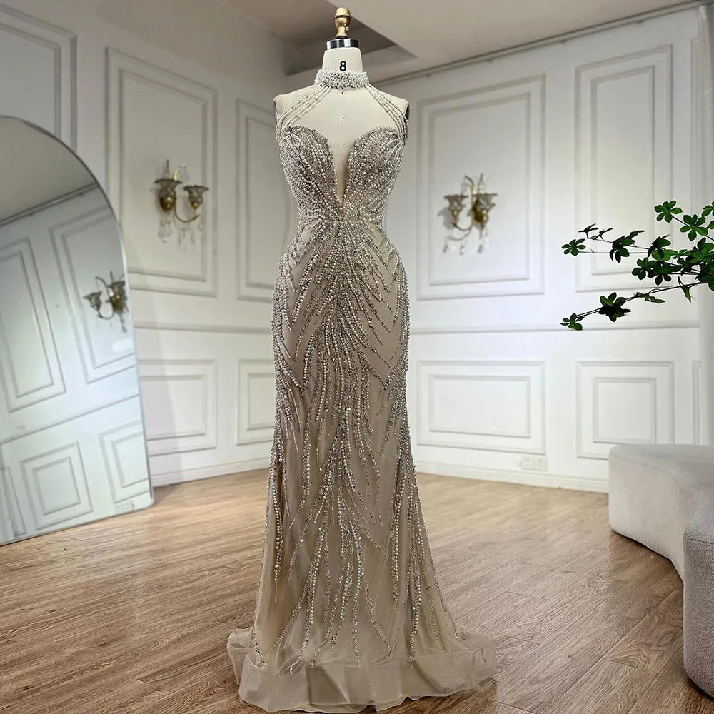 Evening dress for weddings-Serene Hill 2024 Arabic Nude Halter Neck Mermaid Pearls Beaded Luxury Dubai Evening Gown for Women's Party LA72696