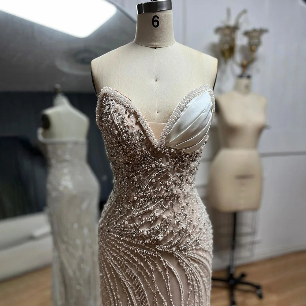 Evening dress with chiffon-Serene Hill 2024 Arabic White Nude Mermaid Gown Pearls Beaded Luxury Saudi Evening Dress for Formal Occasion LA72712