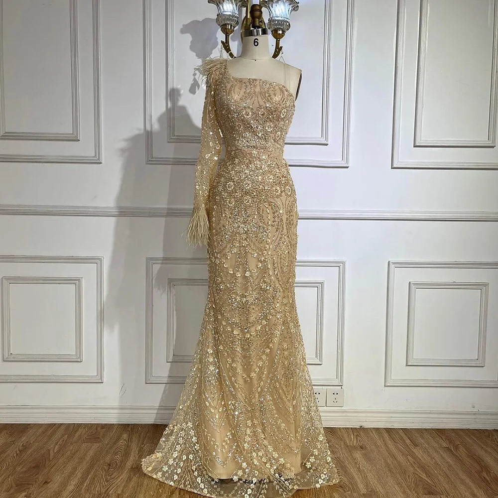 Formal evening dress-Serene Hill 2024 Arabic Nude One Shoulder Beaded Feathers Luxury Dubai Evening Gowns for Women's Party LA72546A