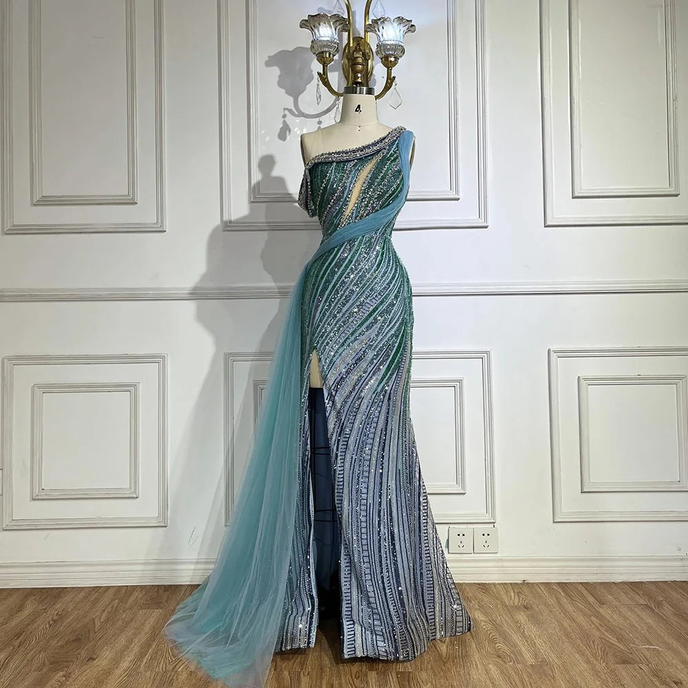 Evening dress with illusion neckline-Serene Hill 2024 Arabic One-Shoulder High Split Blue Mermaid Gown Luxury Beaded Saudi Evening Dress for Formal Occasion LA72718