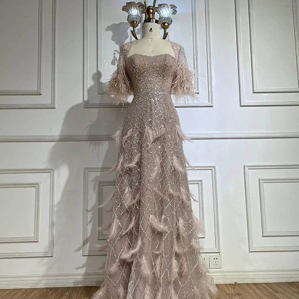 Evening dress with draped bodice-Serene Hill 2024 Arabic Pink Luxury Dubai Evening Gown A-Line Elegant Feathers Beaded Dress for Women's Party LA72693