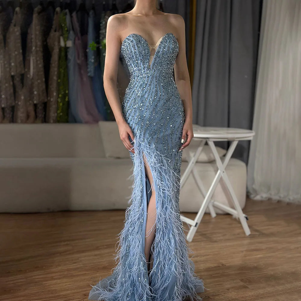 Off-white evening dress-Serene Hill 2024 Arabic Strapless Blue Beaded Feathers Luxury Dubai Evening Gowns with Side Skirt for Women Wedding party LA72695