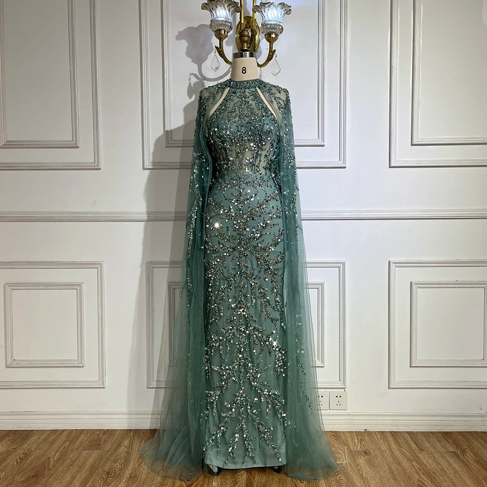 Evening dress with off-shoulder neckline-Serene Hill 2024 Arabic Turquoise Cape Sleeve Mermaid Beaded Luxury Dubai Evening Dresses Gowns For Women Wedding Party LA72652