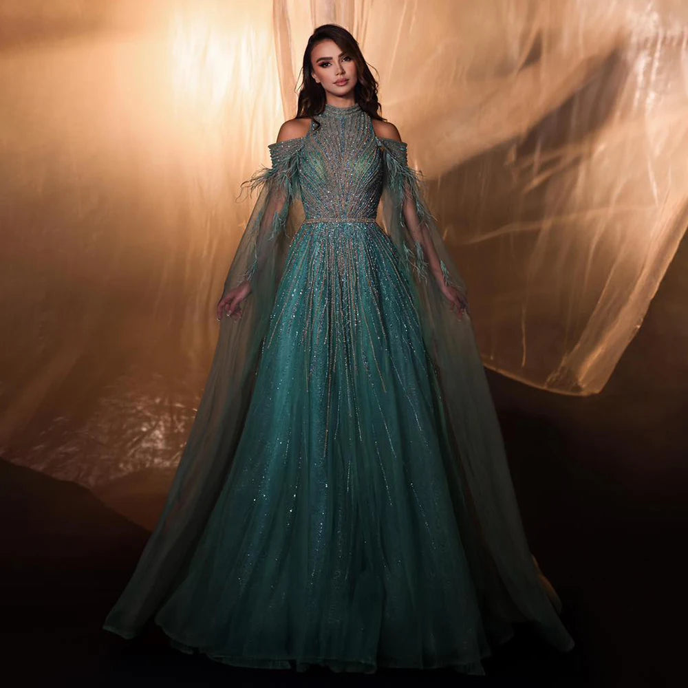 Evening dress with bow belt-Serene Hill 2024 Arabic Turquoise Cape Sleeves A-Line Beaded Feathers Long Evening Gowns for Women Wedding Party LA72644