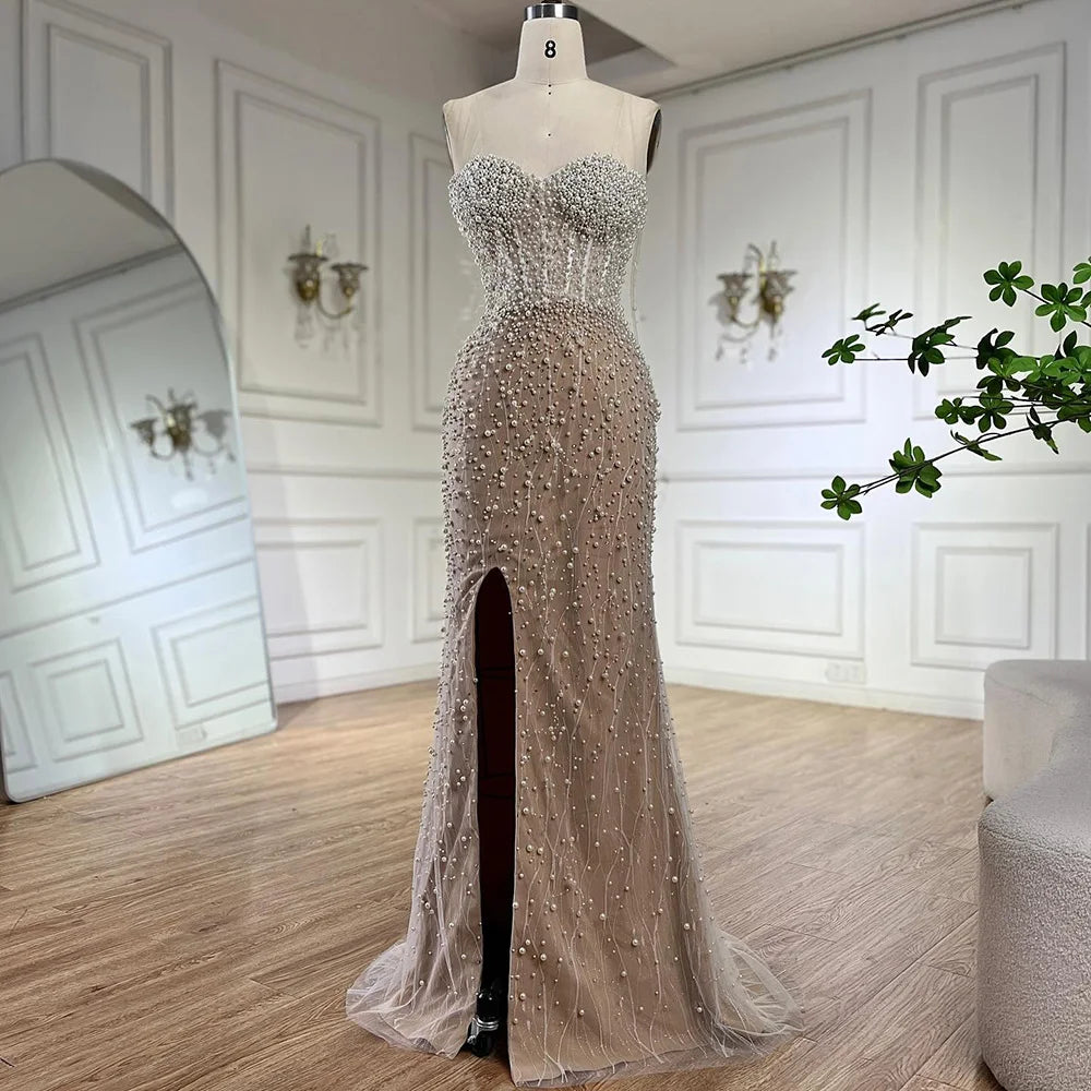 Evening dress with glitter-Serene Hill 2024 Arabic White Nude Mermaid Gown Pearls Beading High Split Luxury Dubai Evening Dress for Women's Party LA72544