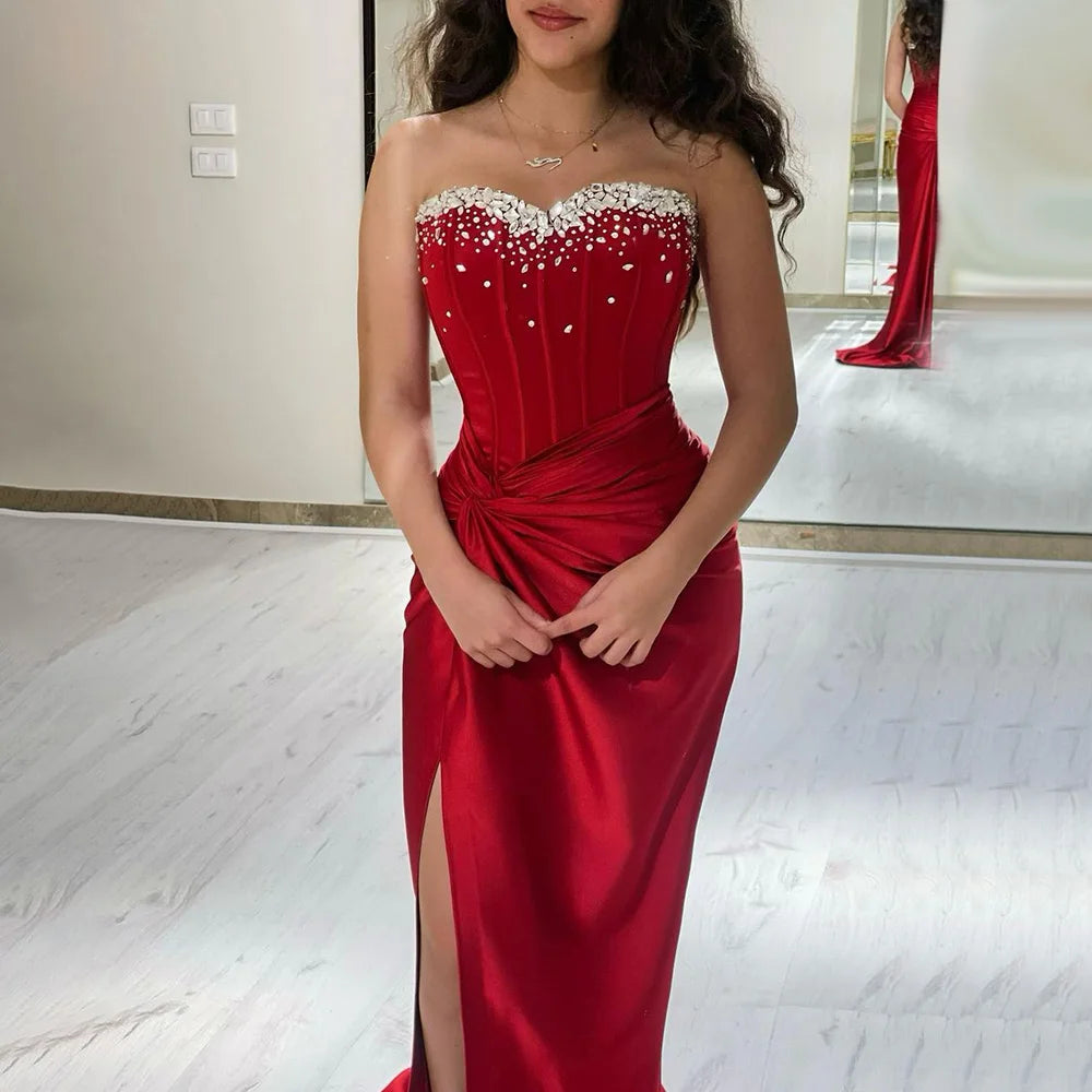 Evening dress with glitter-Serene Hill 2024 Arabic Wine Red Strapless Beaded Mermaid Luxury Dubai Evening Gown with Side Split for Women's Party LA72673