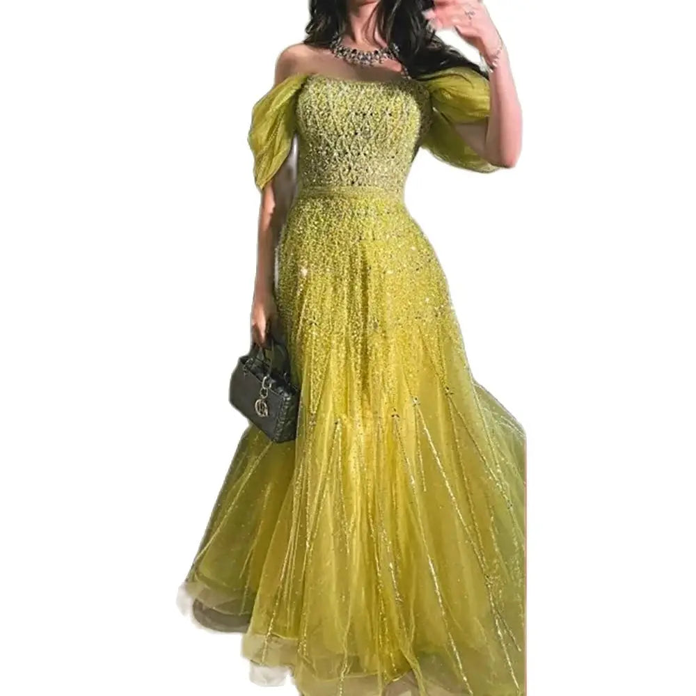 Blue evening dress-Serene Hill 2024 Arabic Yellow Boat Neck Luxury Dubai Evening Gown A-Line Elegant Beaded Dress for Women's Party LA72661