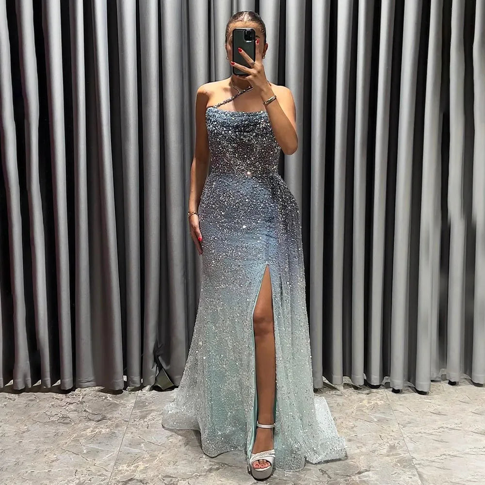 Evening dress with metallic finish-Serene Hill 2024 Blue Mermaid Spaghetti Strap High Split Beaded Luxury Evening Dresses Gowns for Women Wedding Party LA72434