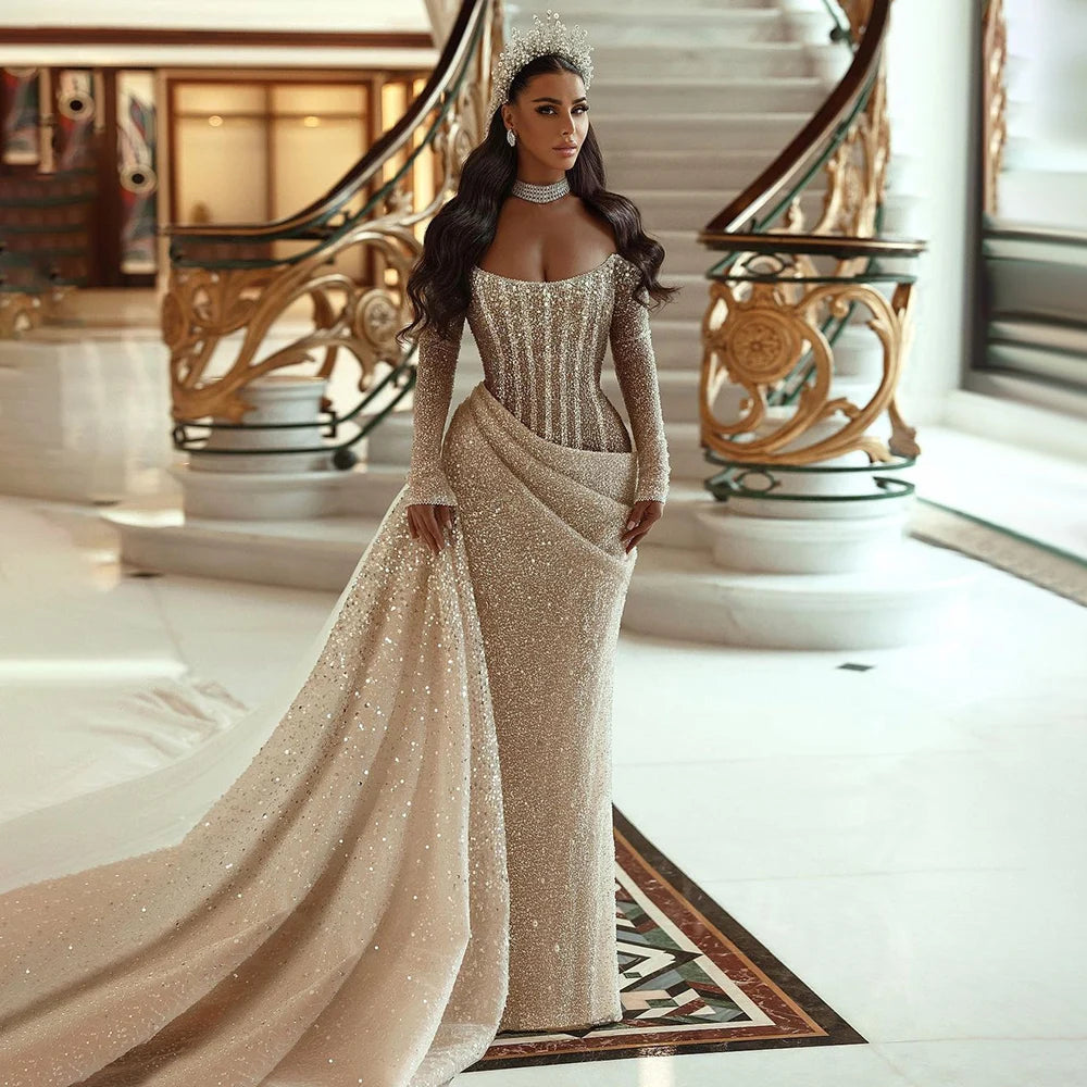 Evening dress for black tie-Serene Hill 2024 Dubai Nude Strapless Mermaid Dress with Overskirt Beaded Luxury Evening Gown for Women Wedding Party LA72291