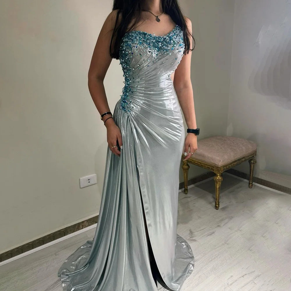 White evening dress-Serene Hill 2024 Elegant Silver One-Shoulder Beaded Mermaid Luxury Dubai Evening Gown with Side Split for Women's Party LA72672