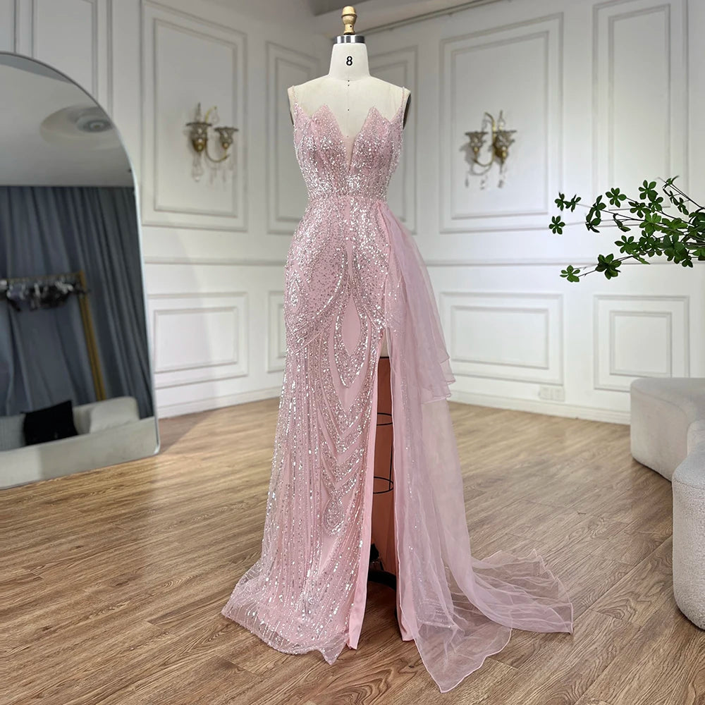 Formal evening dress-Serene Hill 2024 Light Pink Spaghetti Strap Evening Dresses Gowns Mermaid Beaded Elegant Overskirt For Women Party LA72378A