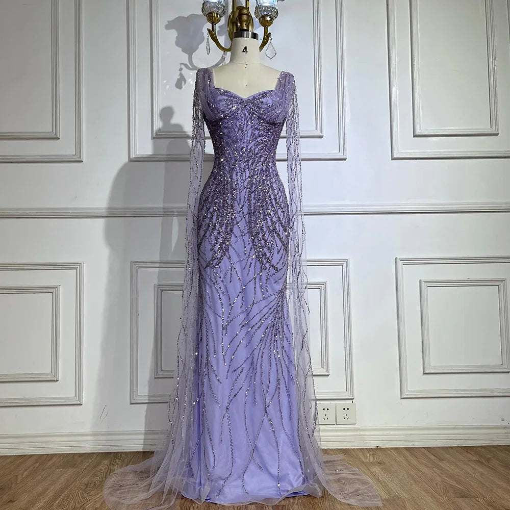 Evening dress with tiered layers-Serene Hill 2024 Lilac Cape Sleeves Mermaid Lace Beaded Luxury Dubai Long Evening Dresses Gowns for Women Wedding Party LA72697